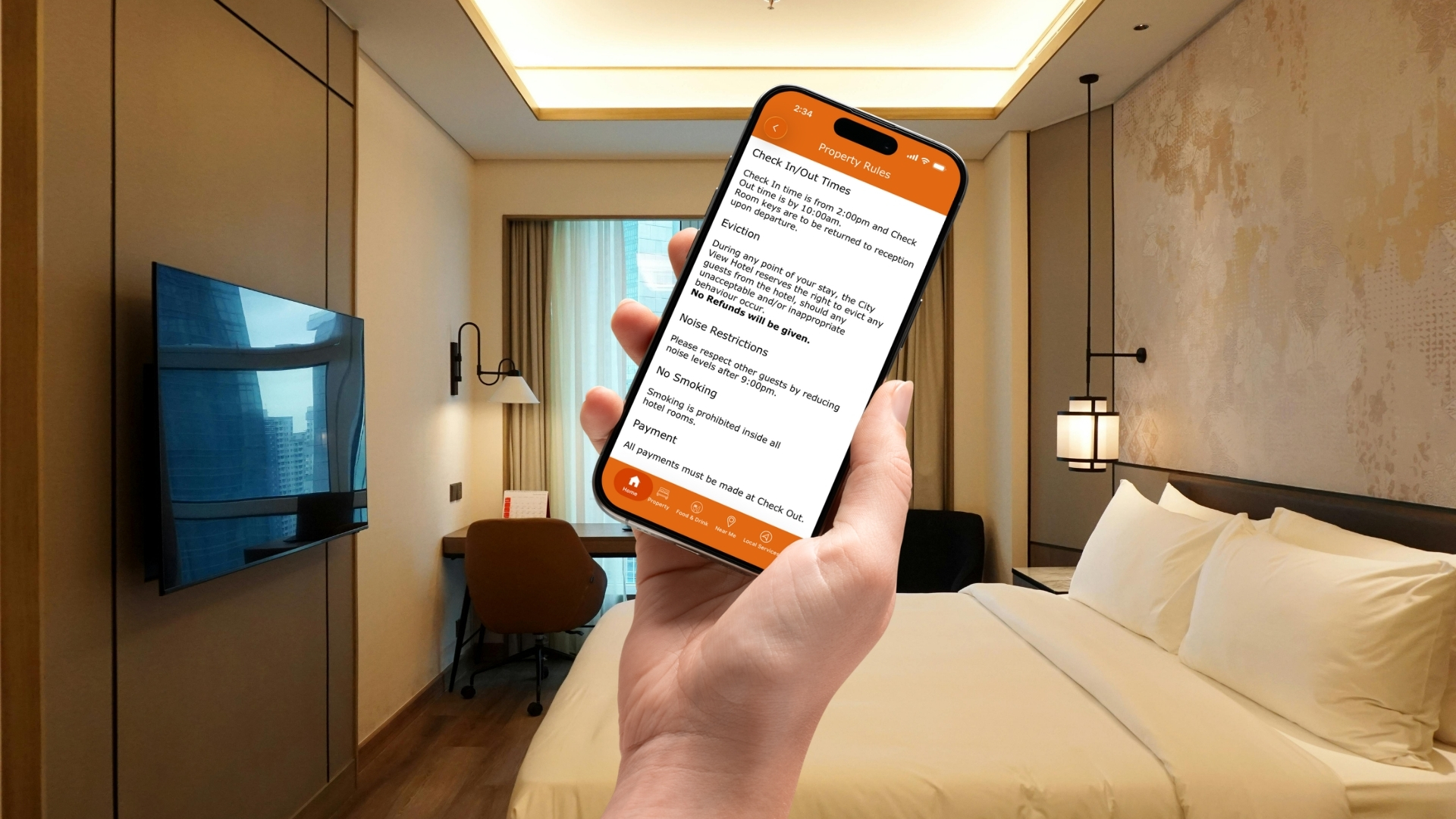 Hand Holding Phone Showing Property Rules In Front of Hotel Room Background